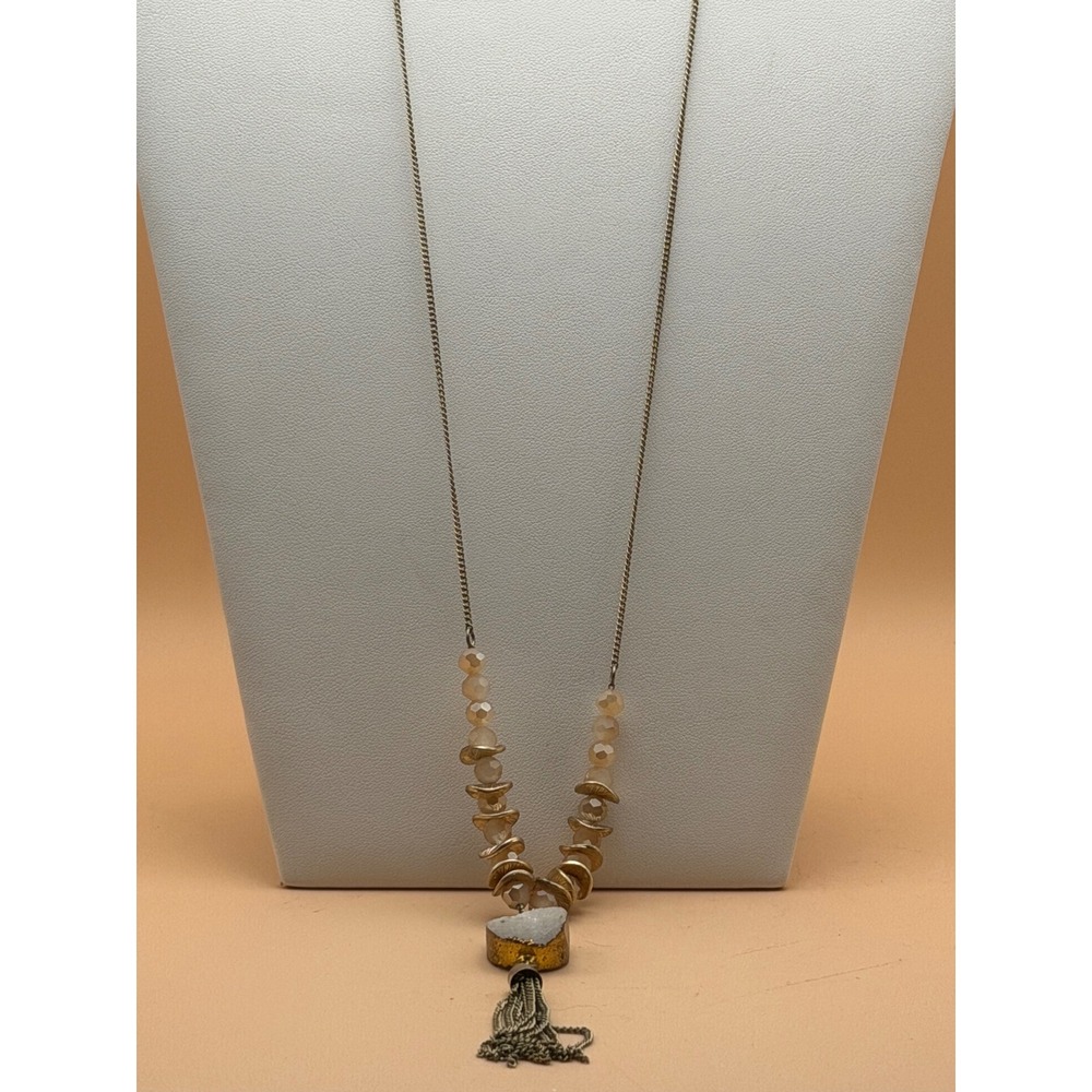 Boho Gold‎ Tone Druzy Stone Tassel Pendant Necklace Cream Beaded Long Chain